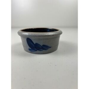 Rowe Pottery Works Salt Glaze Stoneware Blue Leaf Ramekin Small Crock Grey 3.75"